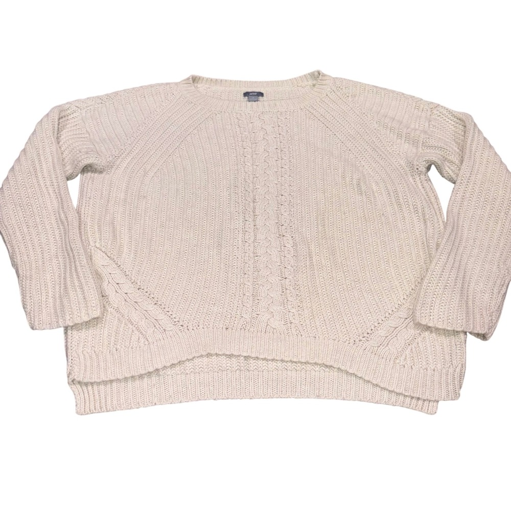 Sweater Womens Large Cream Cable Knit Crew Neck Raglan Aerie